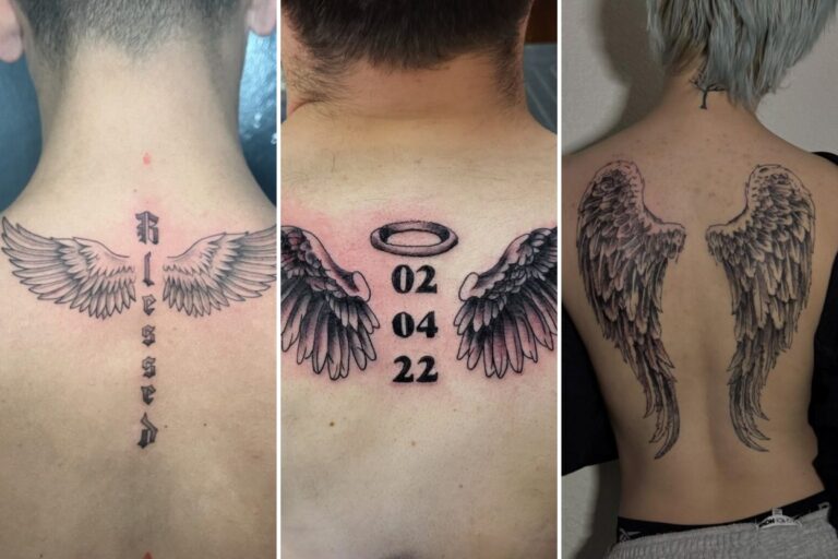 Aesthetic angel wings tattoo ideas on back and delicate ink ideas collage