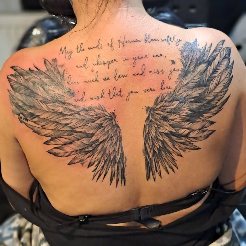 Memorial Angel Wings with Heaven’s Whisper Quote angel wings tattoo ideas on back tattoo