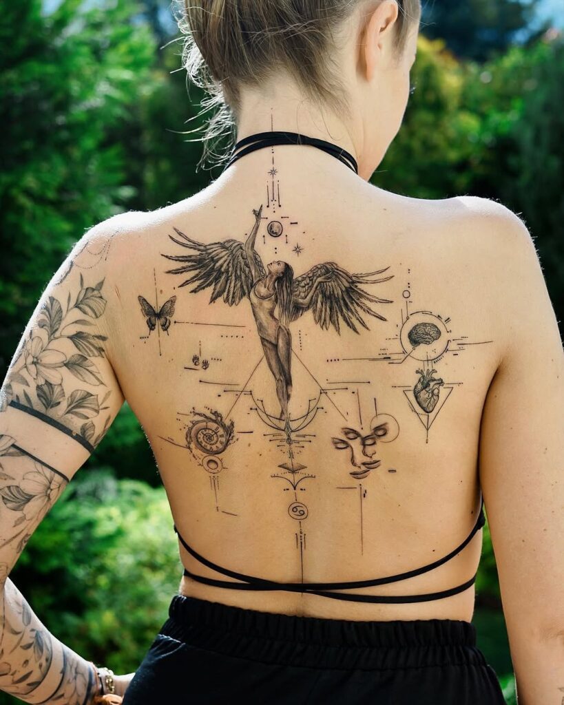 Intricate Dragon And Floral Back Tattoo