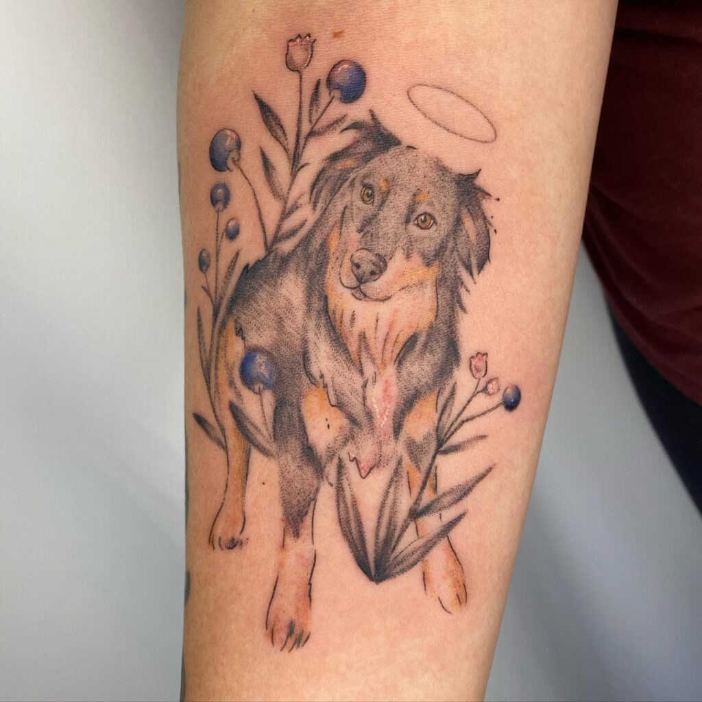 Angelic Dog Portrait with Floral Surroundings Tattoo dog memorial tattoos tattoo