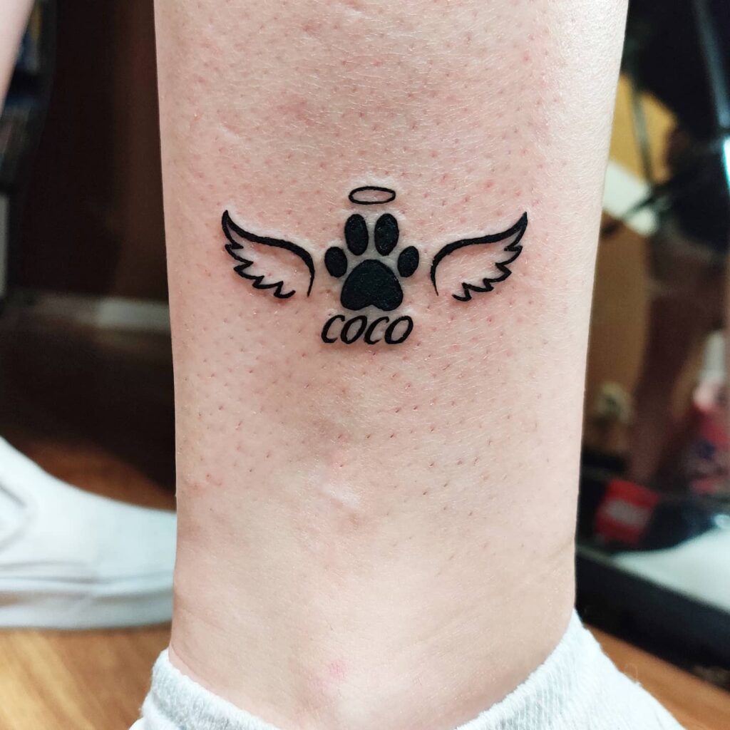 Angelic Paw Print with Wings and Name Tattoo dog memorial tattoos tattoo