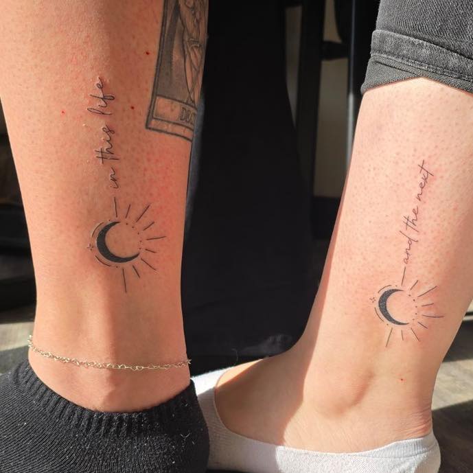 Matching sun and moon ankle tattoos with meaningful script