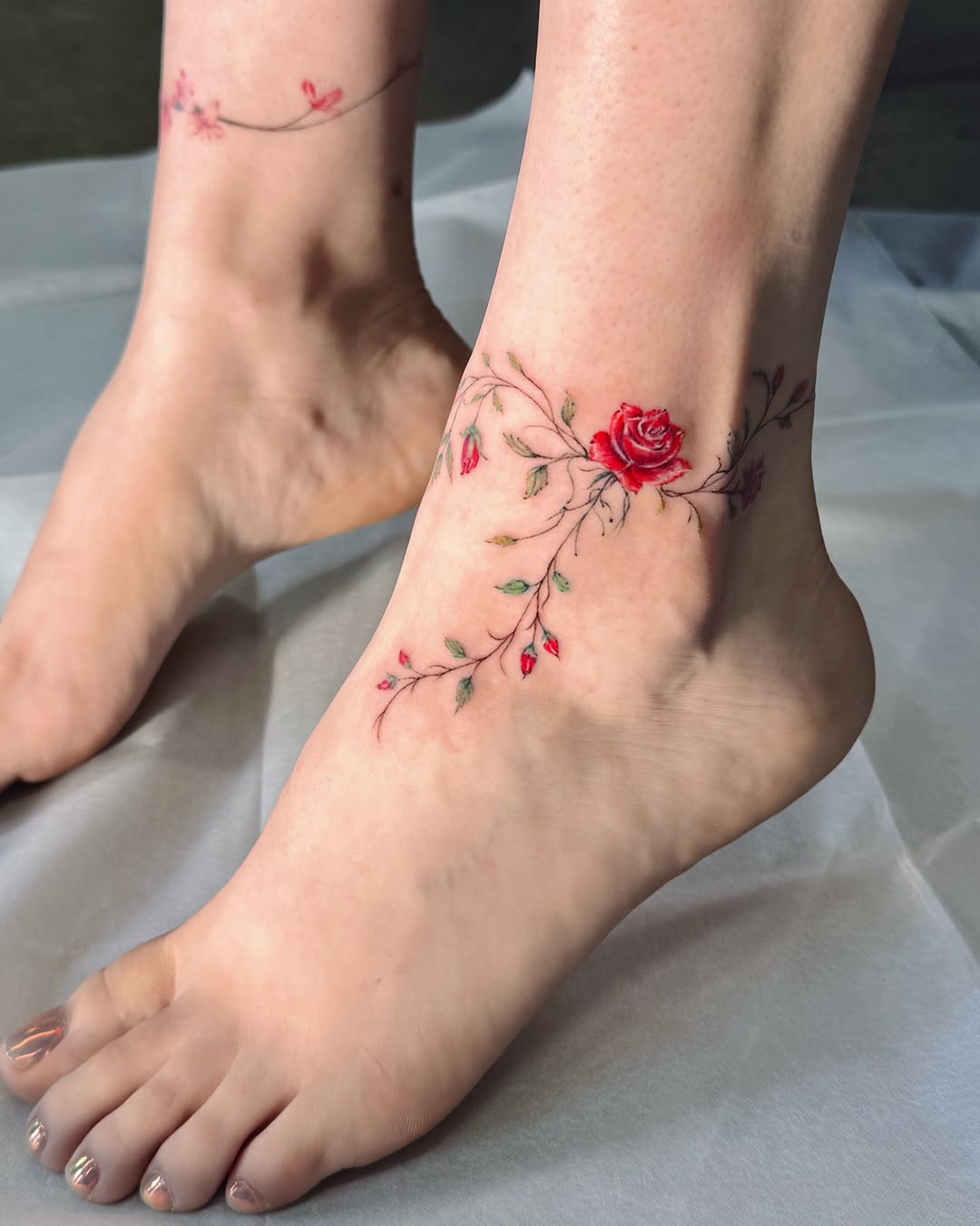Blooming Rose Vine Ankle Tattoo