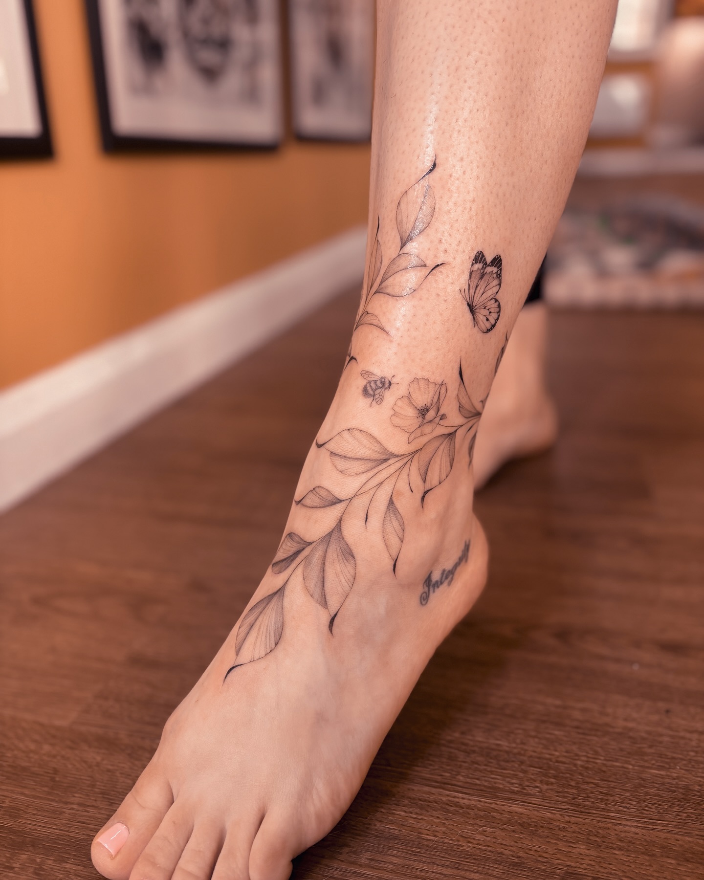 Botanical Butterfly And Bee Ankle Tattoo