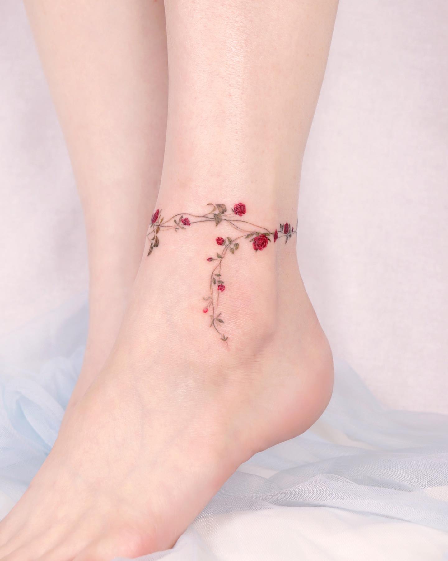 Delicate Rose Vine Anklet Tattoo