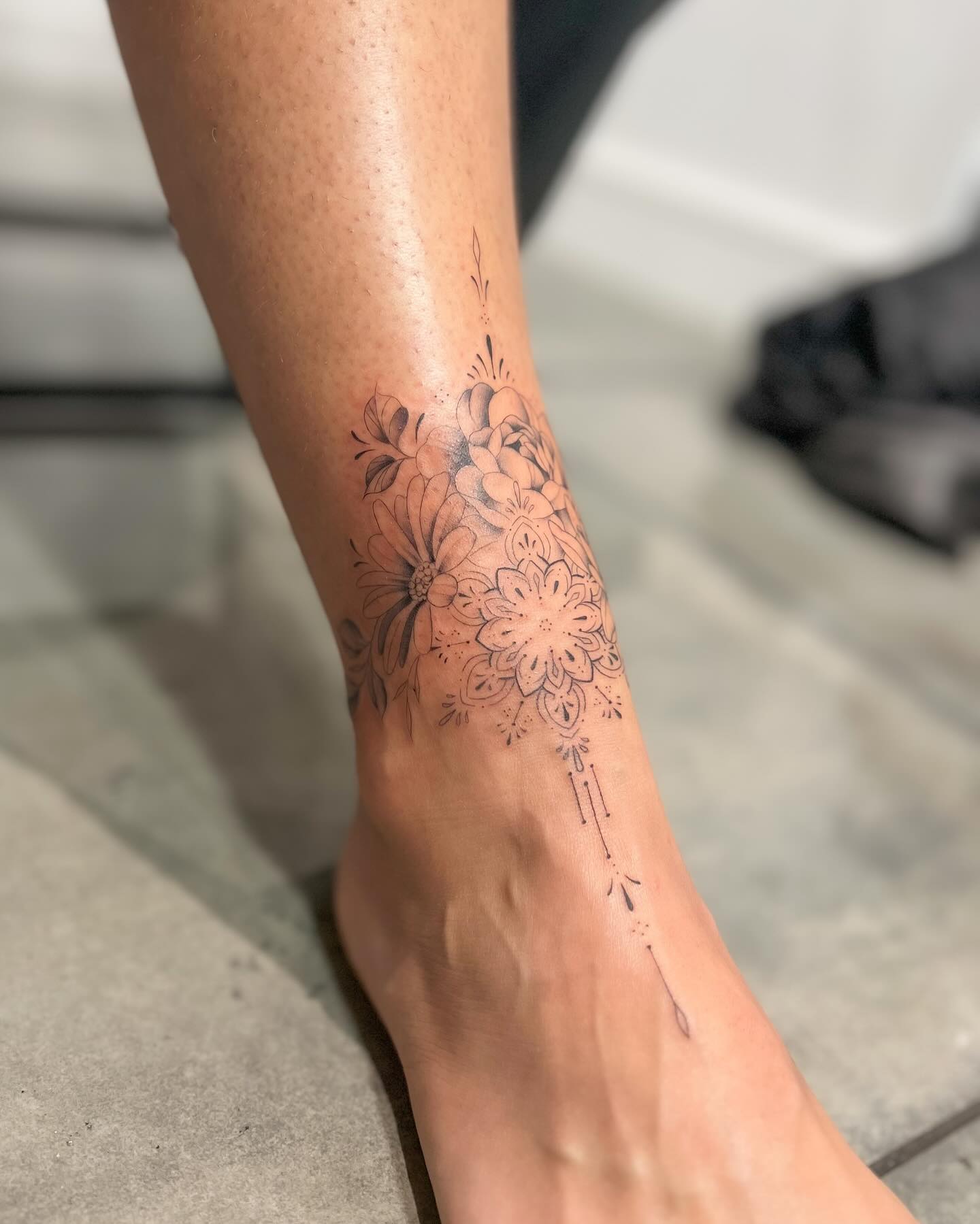 Floral Bouquet Ankle Tattoo