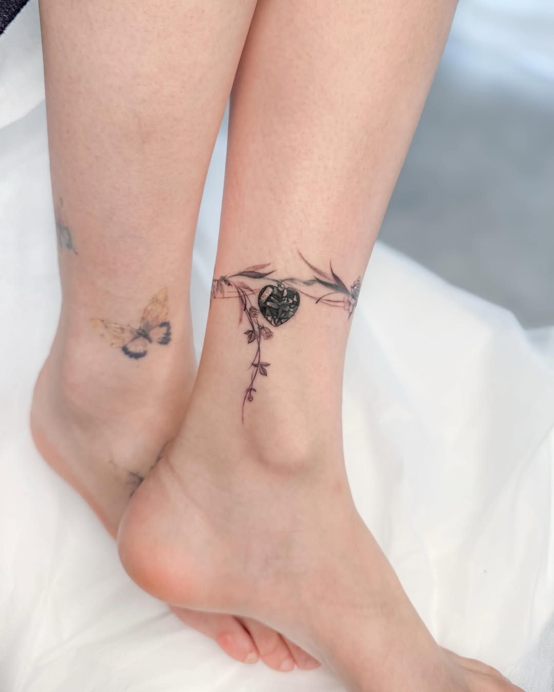 Heart Charm Vine Anklet Tattoo