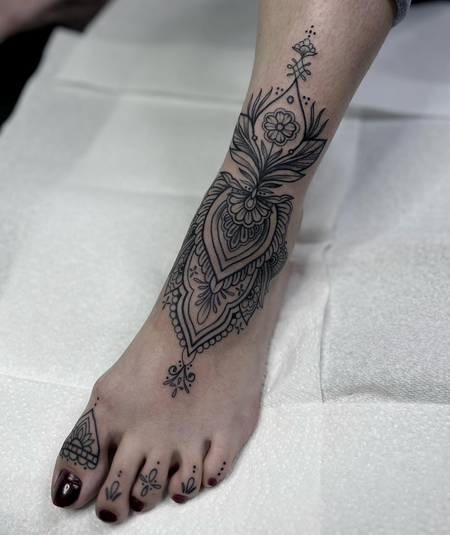 Ornamental Mandala Foot And Ankle Tattoo