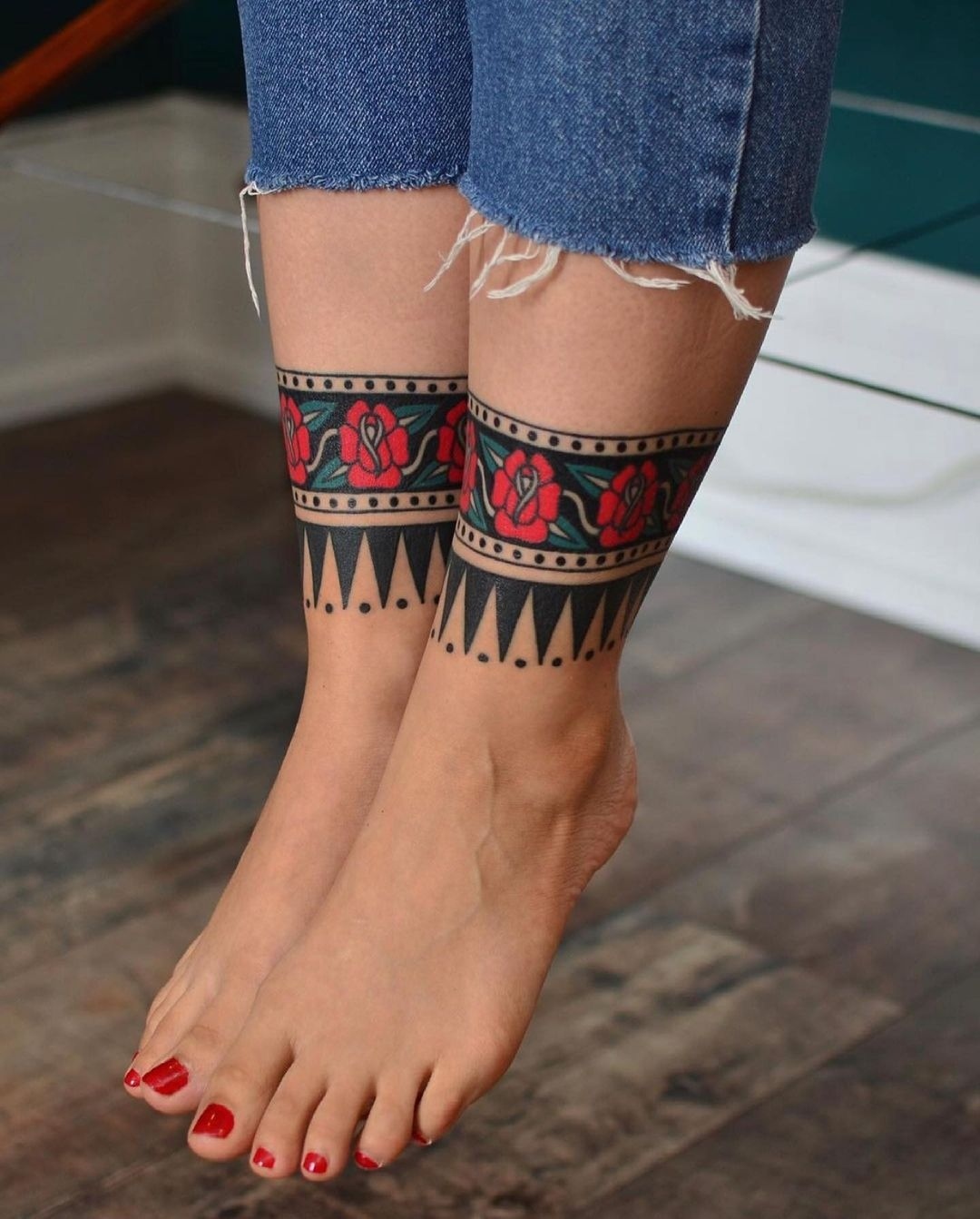 Traditional Rose Band Ankle Tattoo