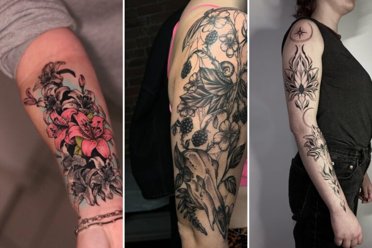 Aesthetic arm sleeve tattoos for women and delicate ink ideas collage