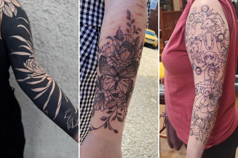 Aesthetic arm sleeve tattoos for women and delicate ink ideas collage