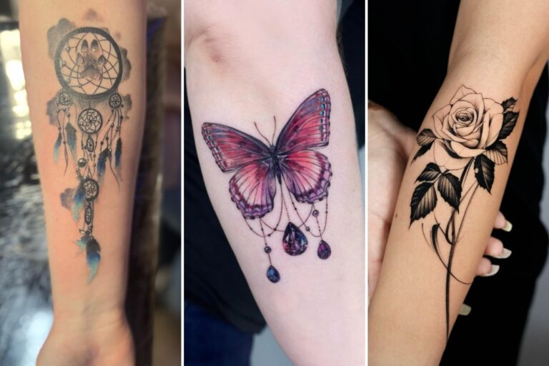 Aesthetic arm tattoos for women and delicate ink ideas collage
