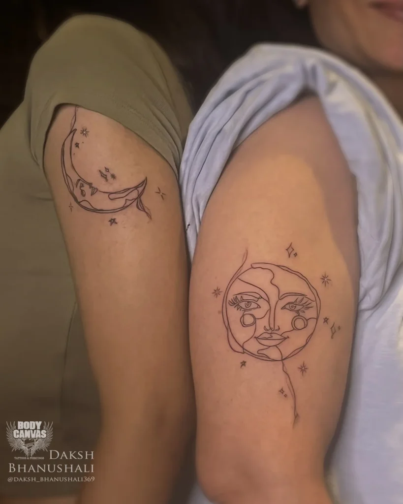 Artistic face inspired sun and moon tattoos