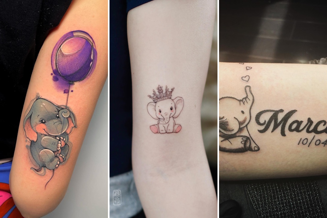 Aesthetic baby elephant tattoo ideas and delicate ink ideas collage