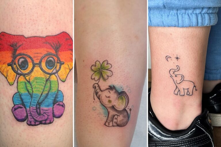 Aesthetic baby elephant tattoo ideas and delicate ink ideas collage