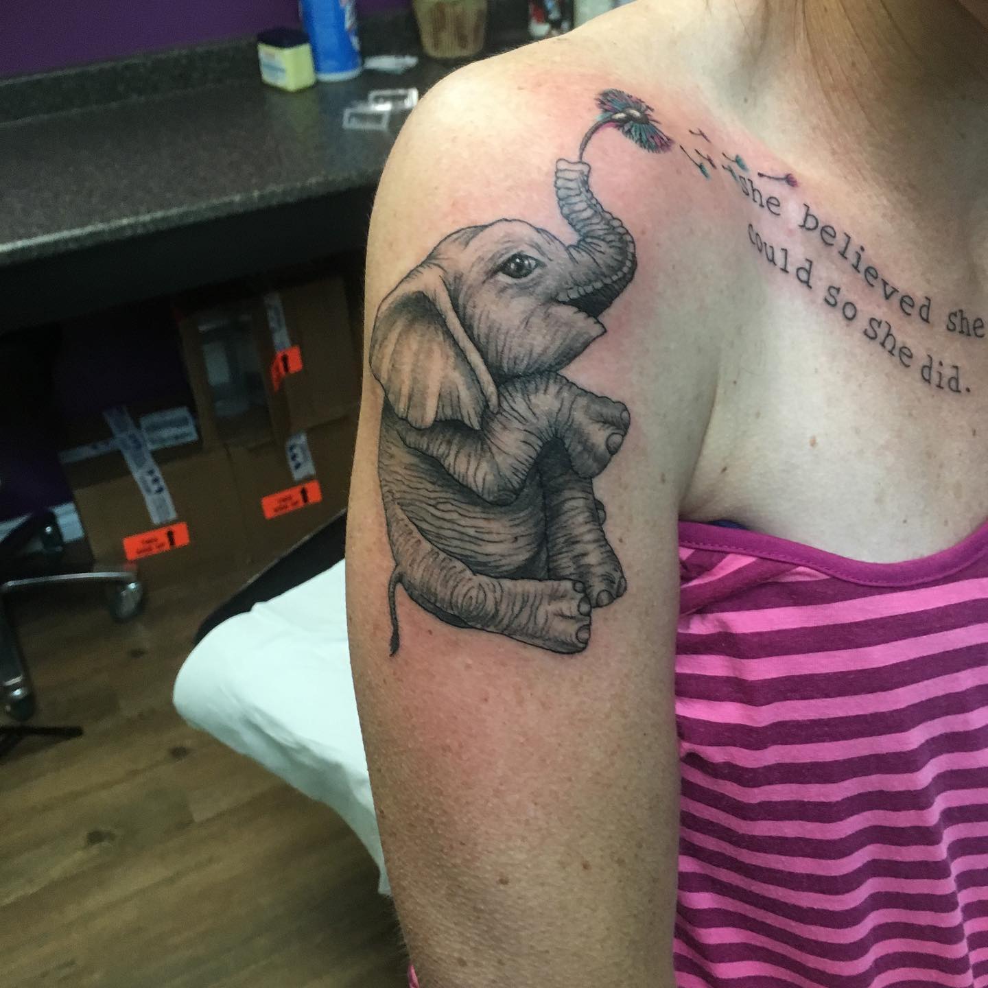 Baby Elephant With Dandelion Tattoo baby elephant tattoo ideas tattoo