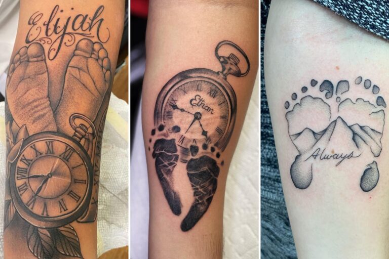 Aesthetic baby feet tattoos ideas and delicate ink ideas collage