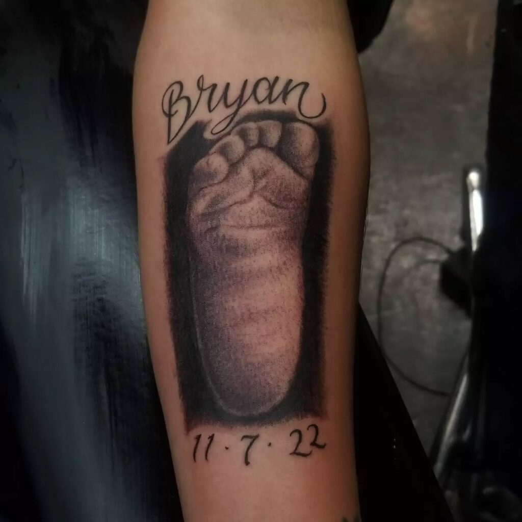 Baby Footprint with Name and Date Tattoo baby feet tattoos tattoo