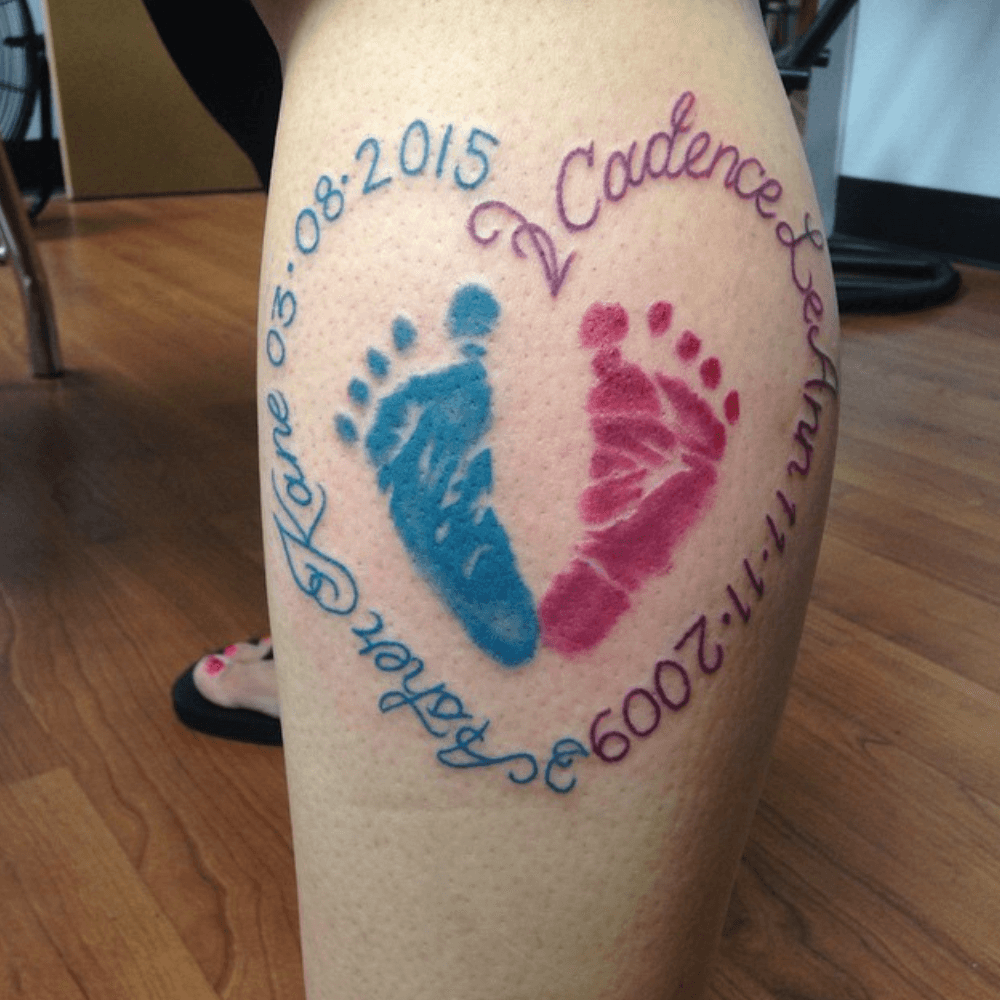 Baby Footprints Inside Heart Shaped Birth Dates kids name tattoo