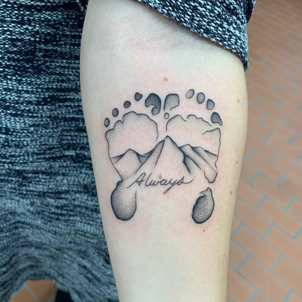 Baby Footprints with Mountains and “Always” Tattoo baby feet tattoos tattoo