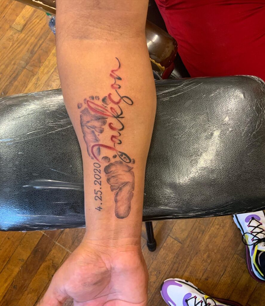 Baby Footprints with Name and Date Tattoo baby feet tattoos tattoo