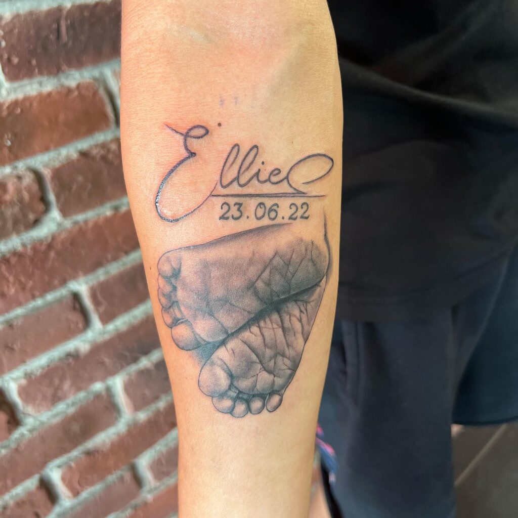 Baby Footprints with Name and Date Tattoo baby feet tattoos tattoo