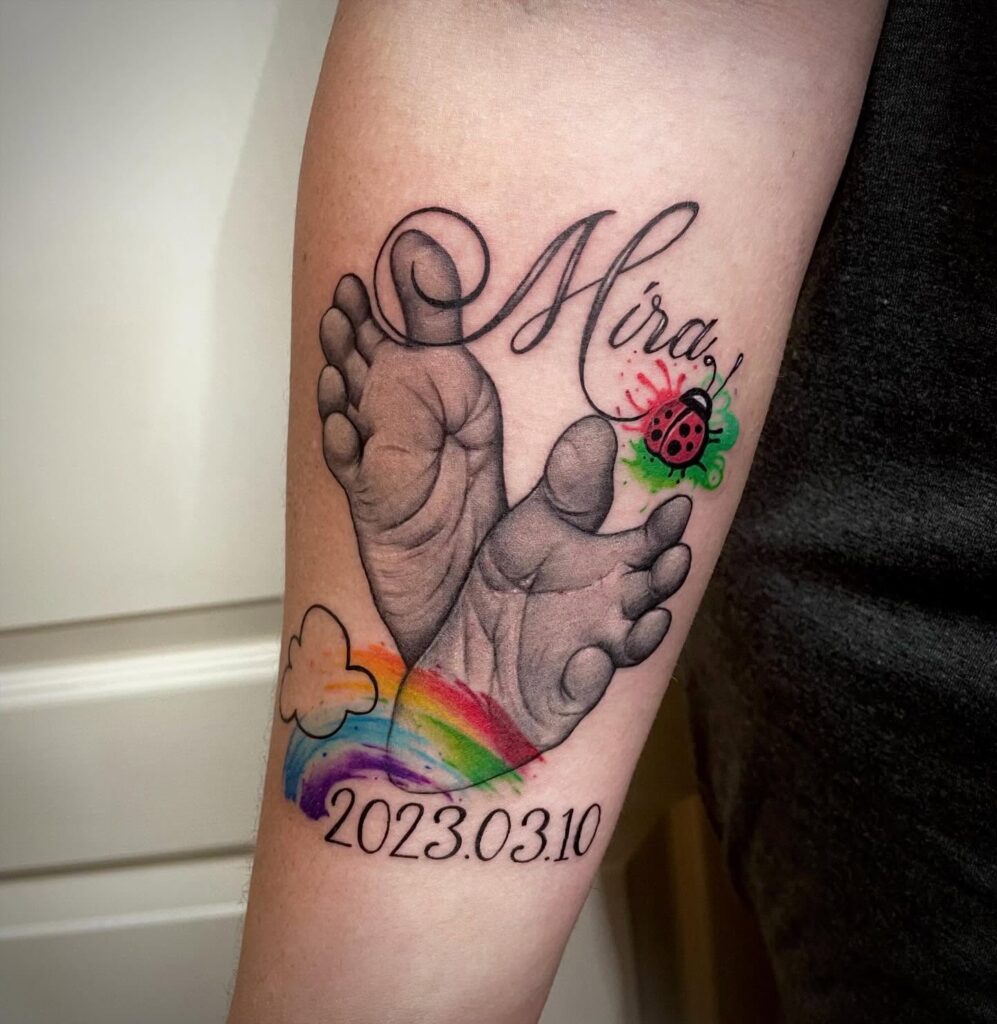 Baby Footprints with Rainbow and Ladybug Tattoo baby feet tattoos tattoo