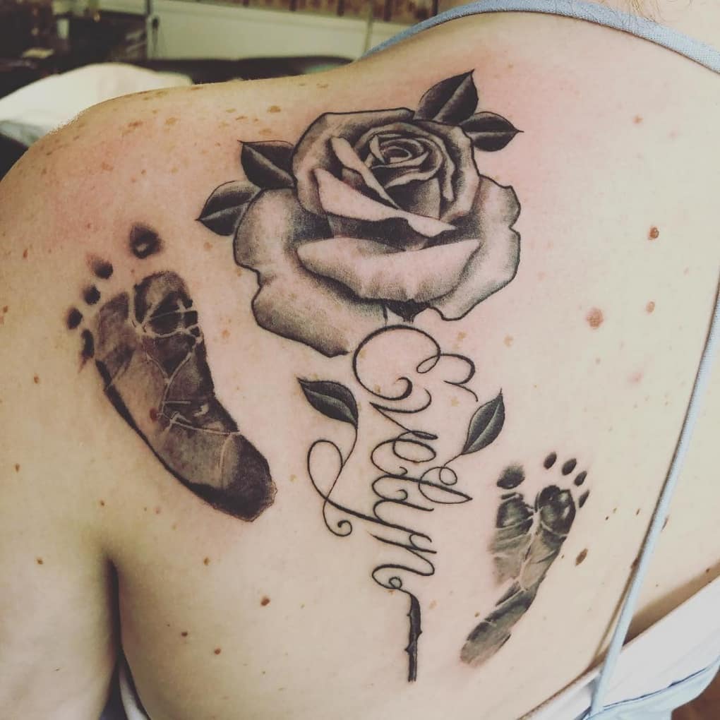 Baby Footprints with Rose and Name Tattoo baby feet tattoos tattoo