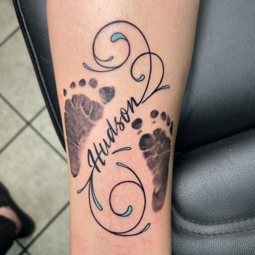 Baby Footprints with Swirls and Name Tattoo baby feet tattoos tattoo