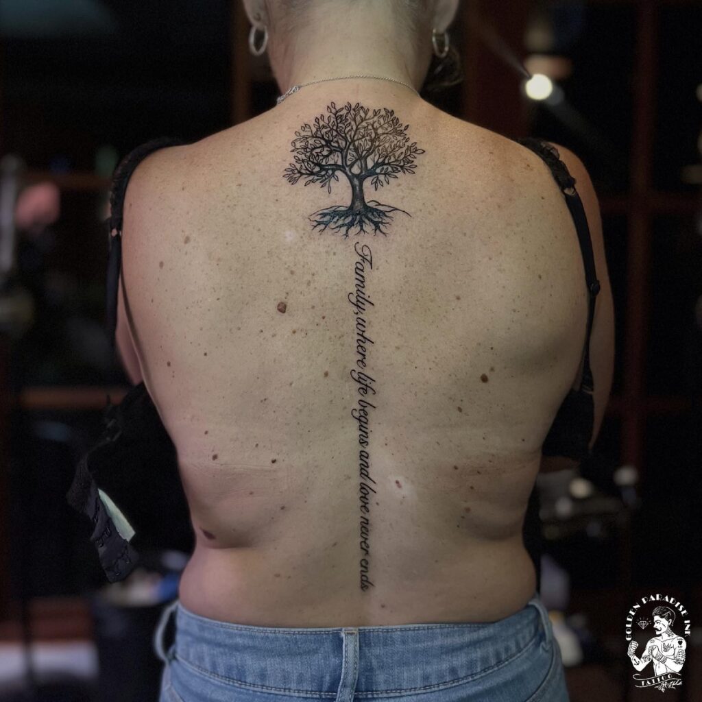 Back Family Tree with Quote Tattoo family tree tattoos tattoo