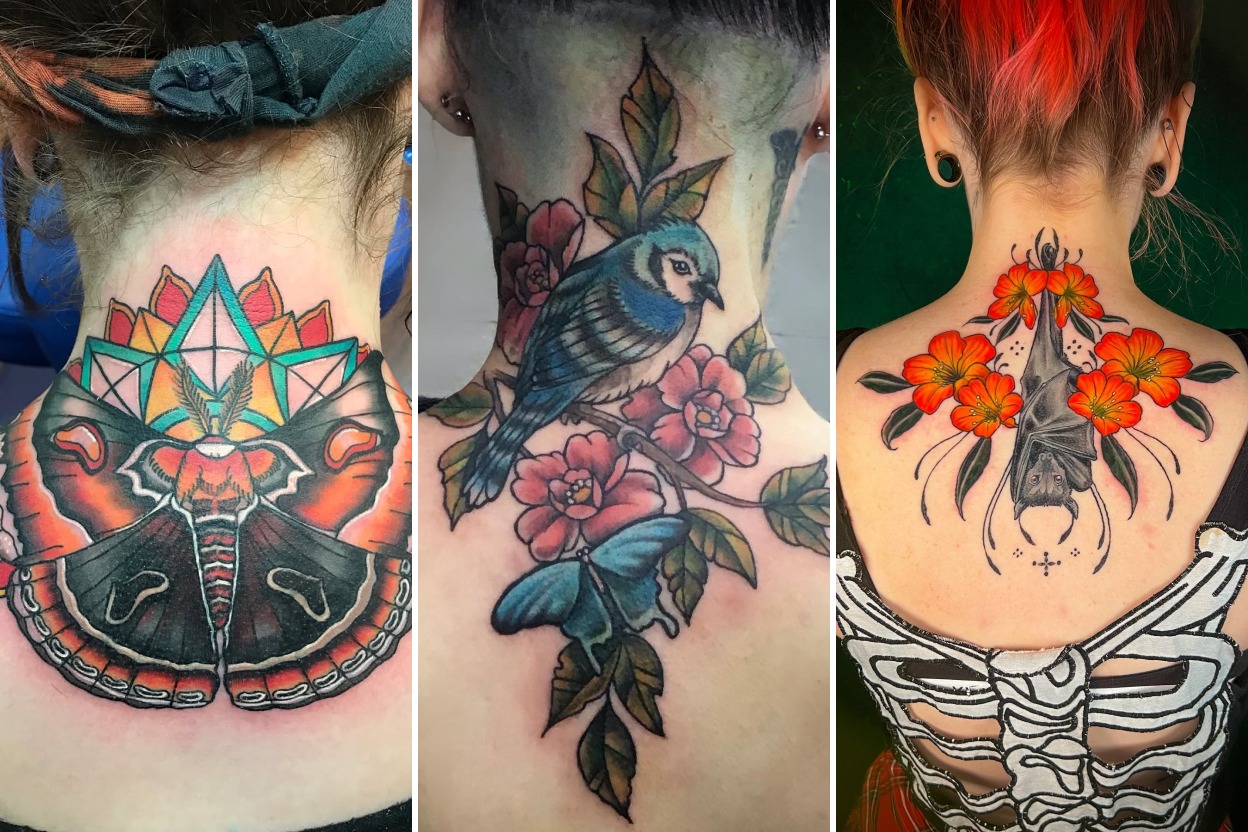 Aesthetic back of neck tattoos and delicate ink ideas collage
