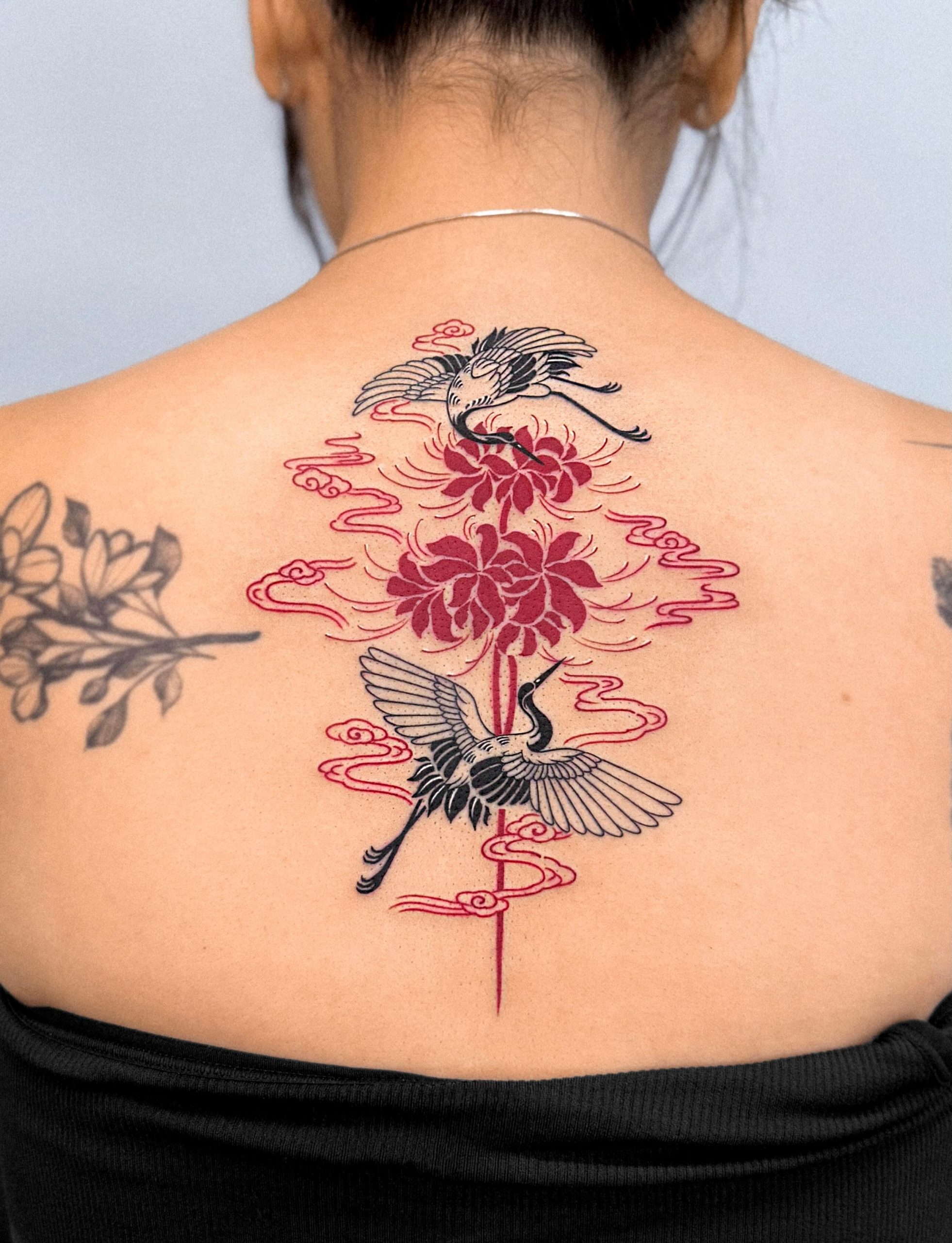 Cranes And Red Spider Lily Back Tattoo