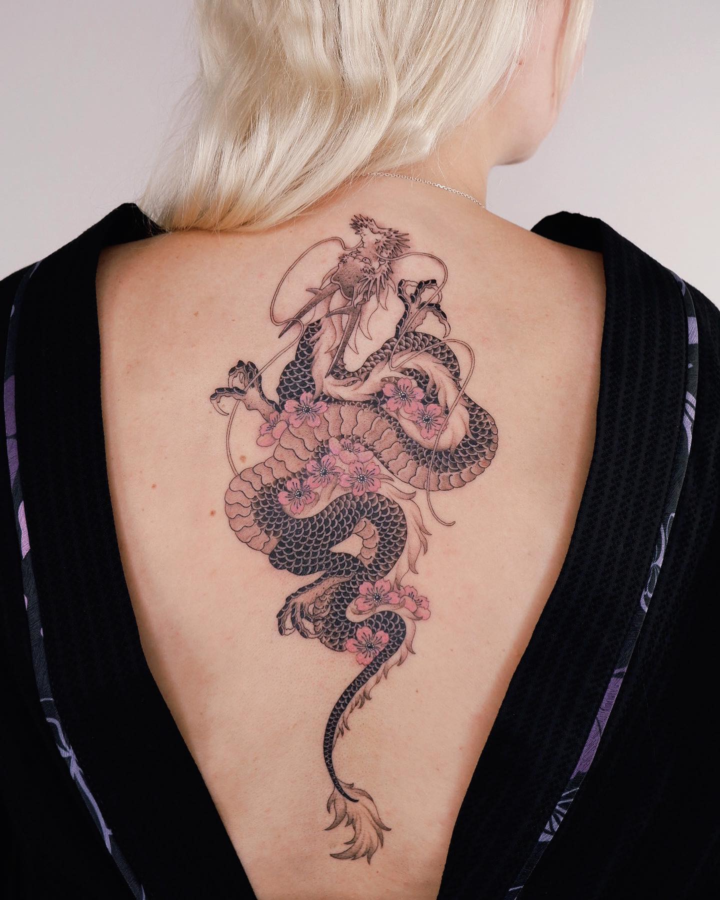Dragon And Cherry Blossom Back Tattoo
