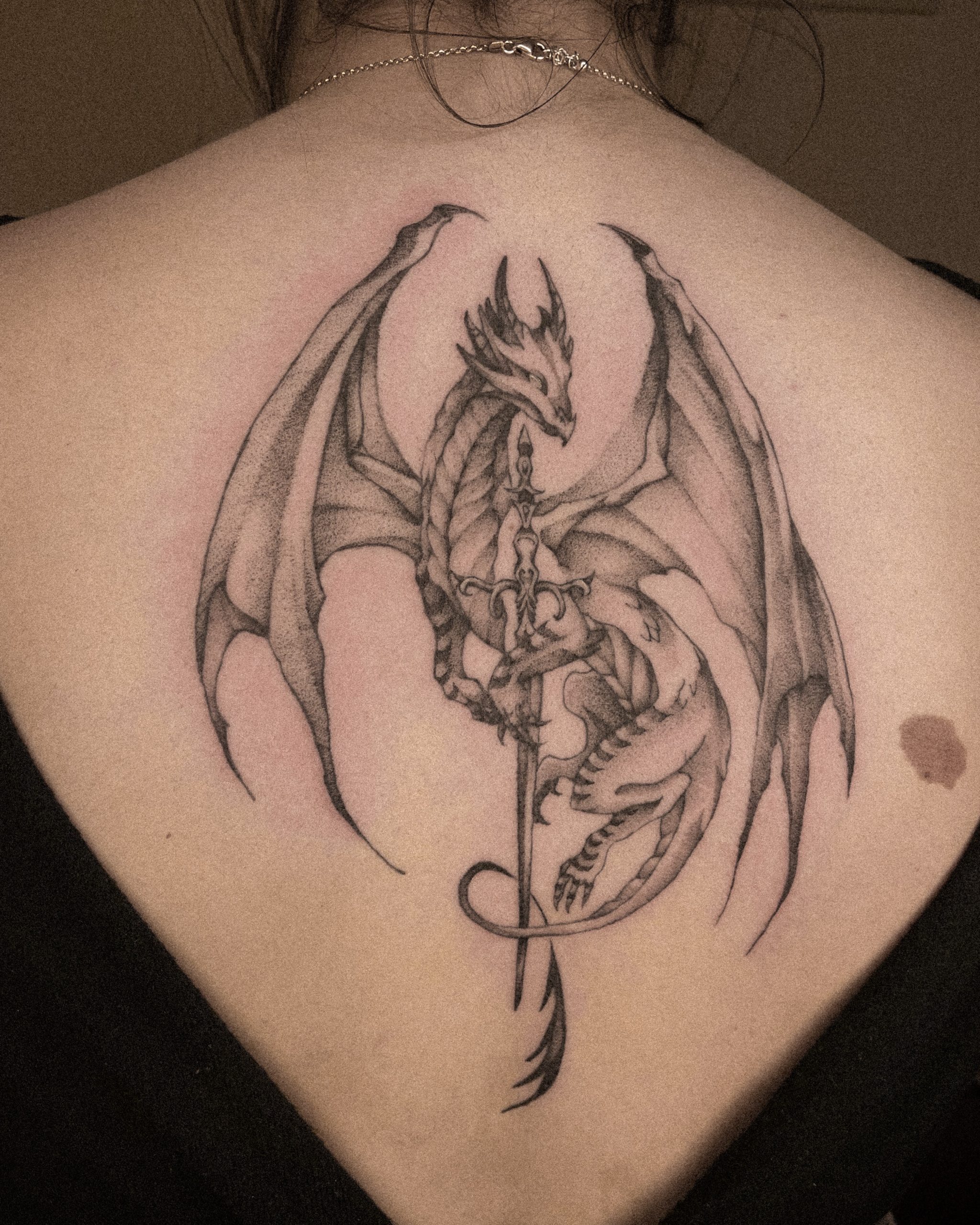 Dragon And Sword Back Tattoo