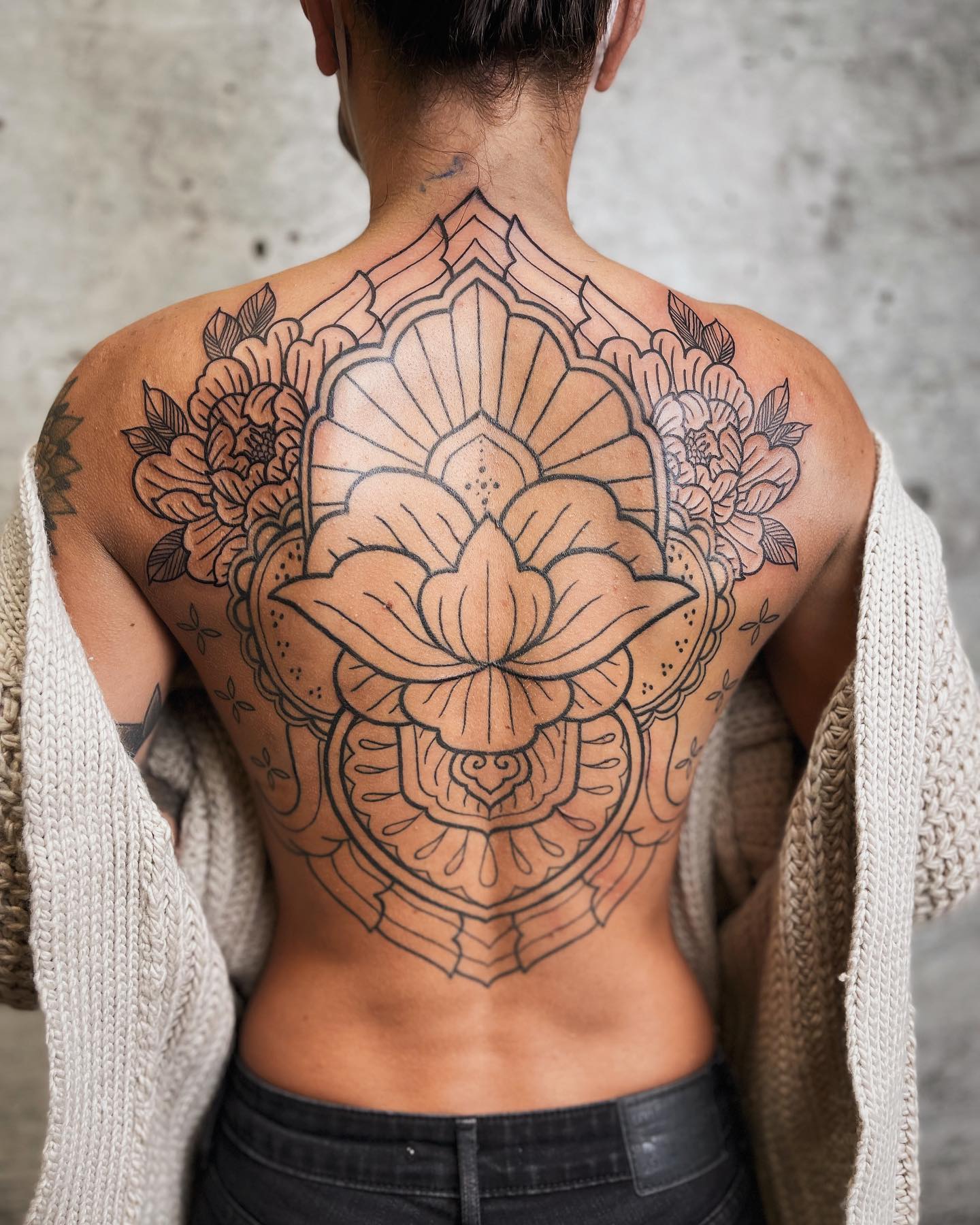 Lotus And Peony Mandala Back Tattoo