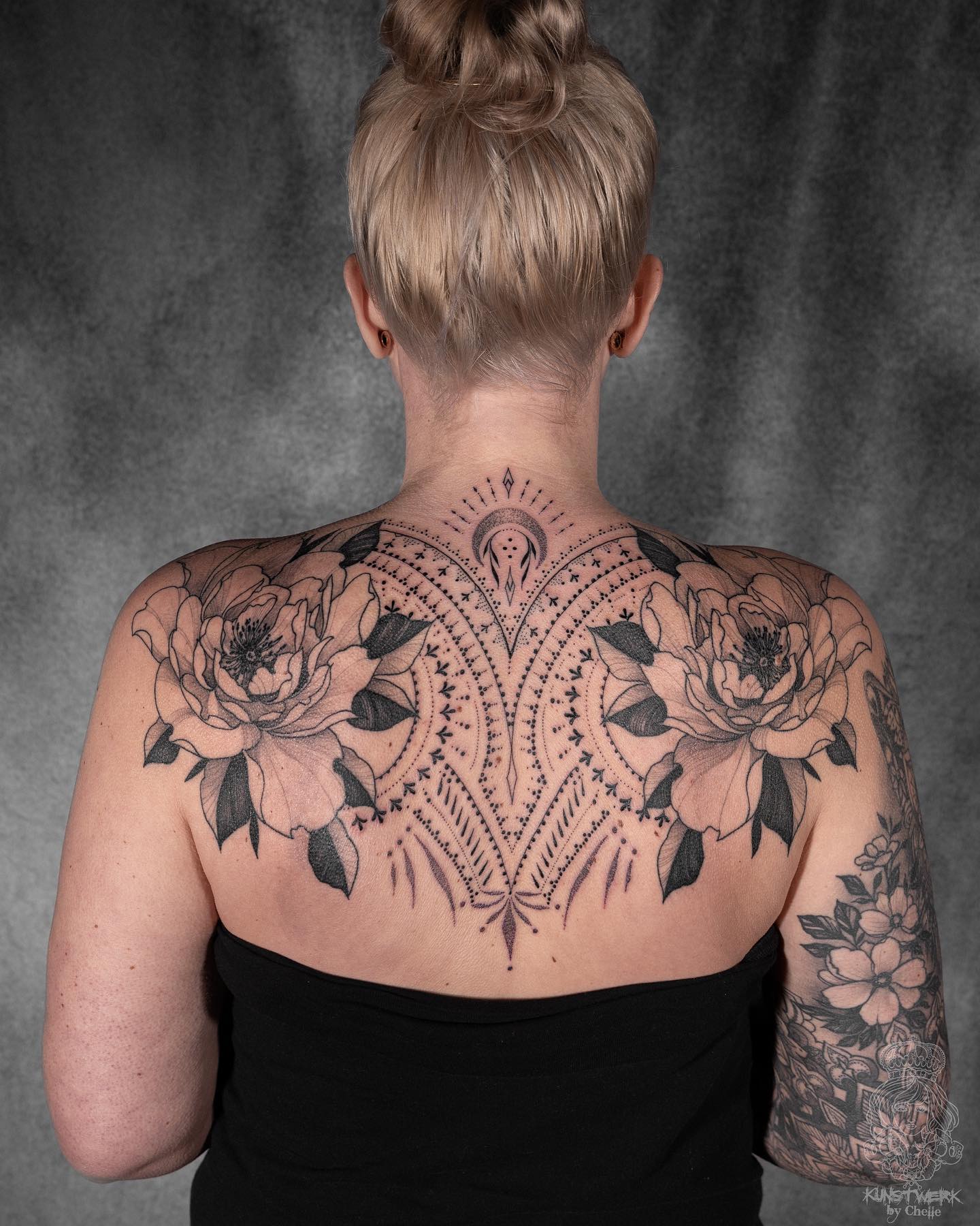 Peony And Ornamental Upper Back Tattoo