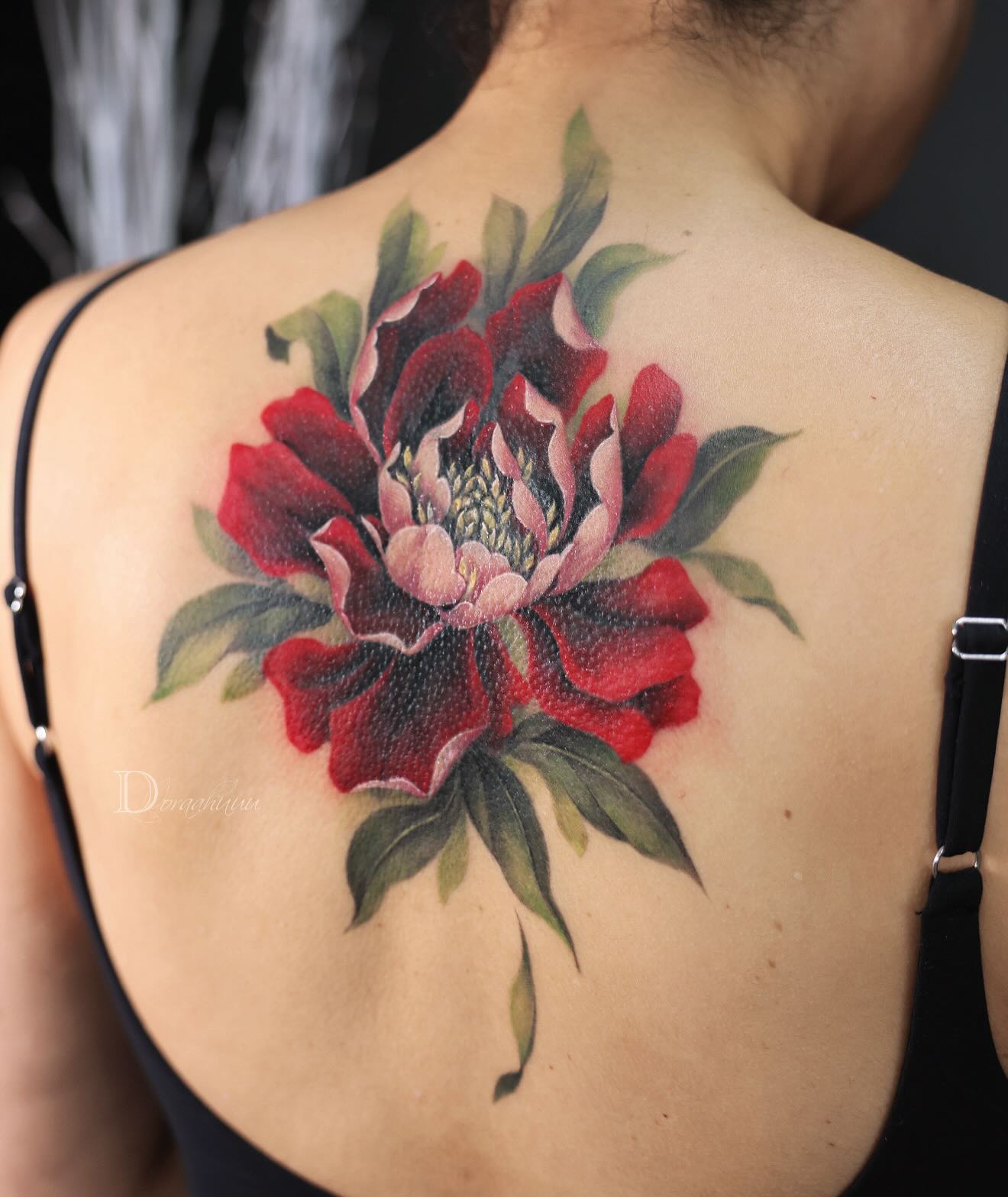 Realistic Red Peony Back Tattoo
