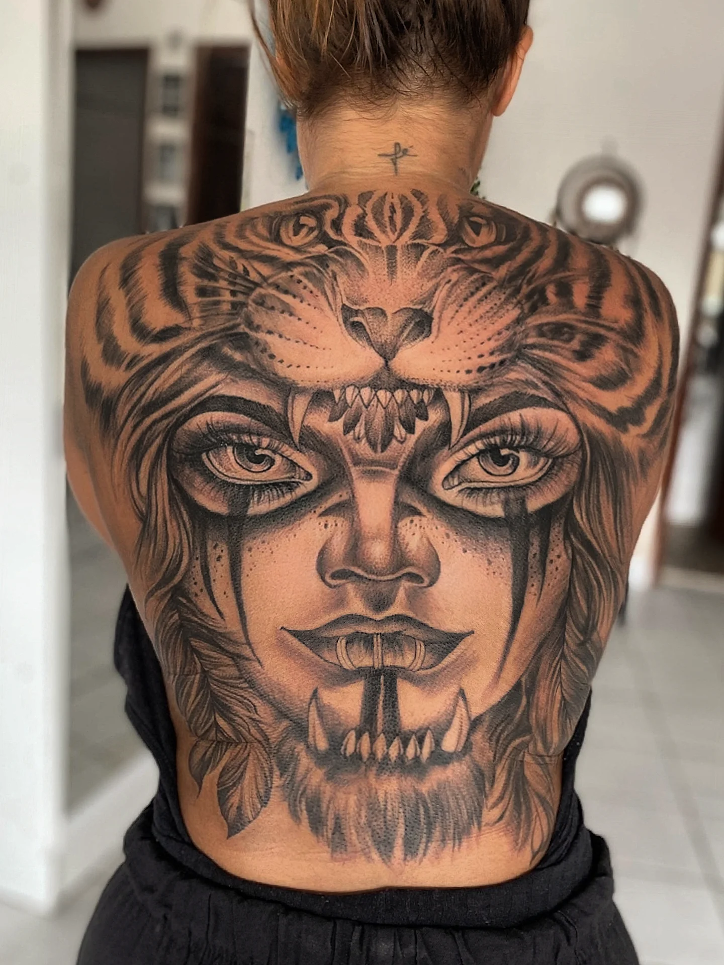 Tiger Headdress Woman Back Tattoo
