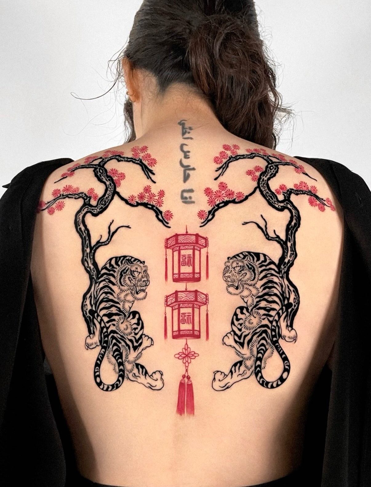 Twin Tigers And Cherry Blossom Back Tattoo