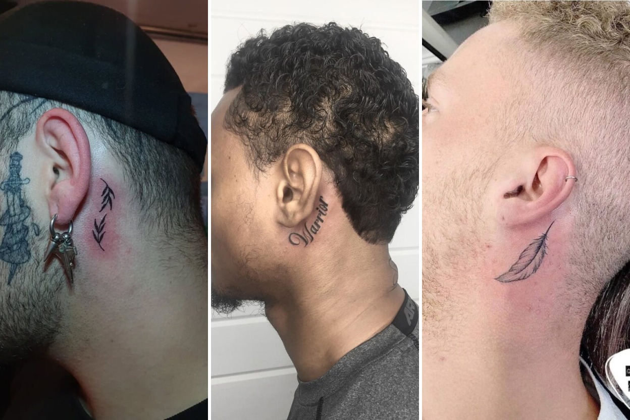 Aesthetic behind the ear tattoo ideas for men and delicate ink ideas collage