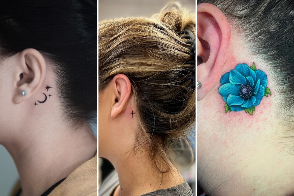 Aesthetic behind the ear tattoos and delicate ink ideas collage