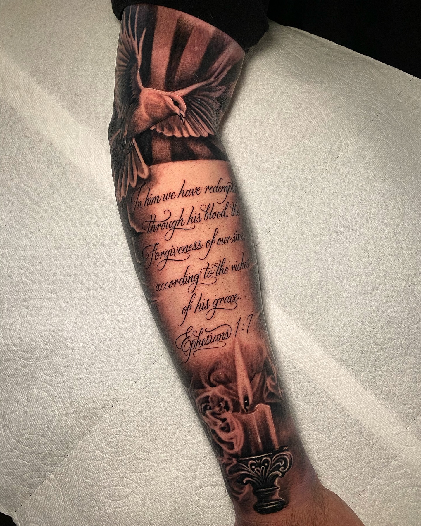 Ephesians 1 7 Bible Verse, Dove, And Candle Tattoo
