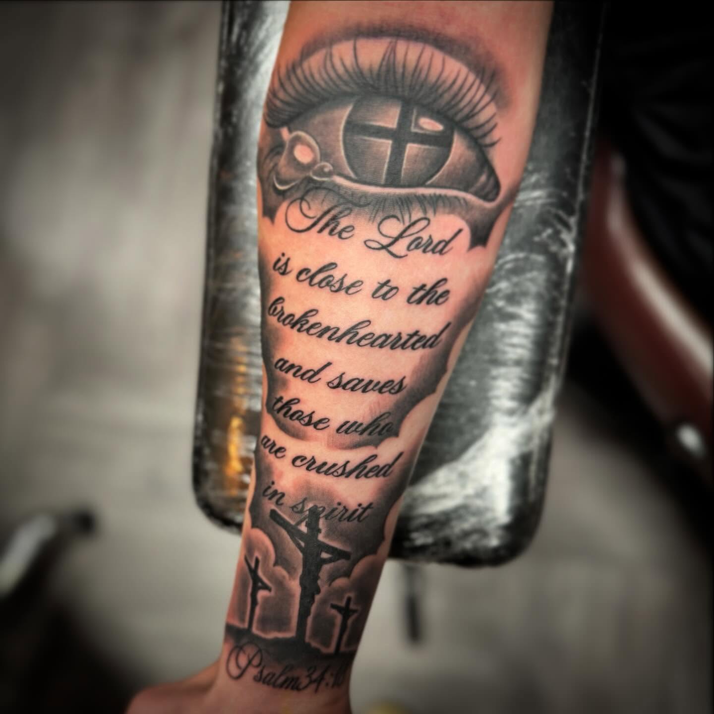 Psalm 34 18 Bible Verse, Eye, And Three Crosses Tattoo