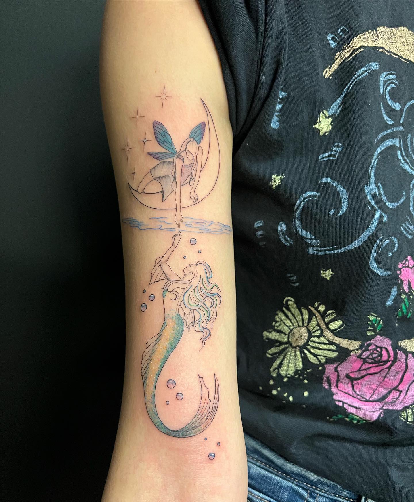 Fairy And Mermaid Reflection Bicep Tattoo