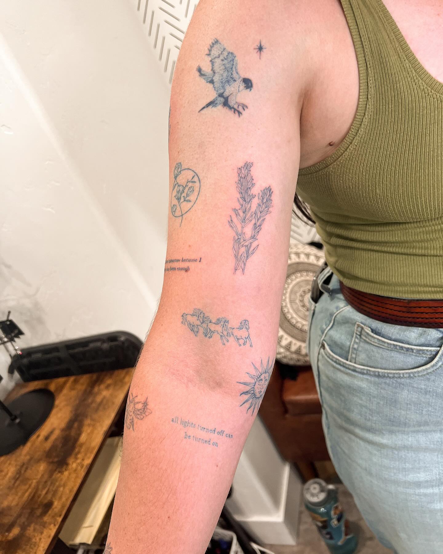 Fine Line Nature Collage Bicep Tattoo
