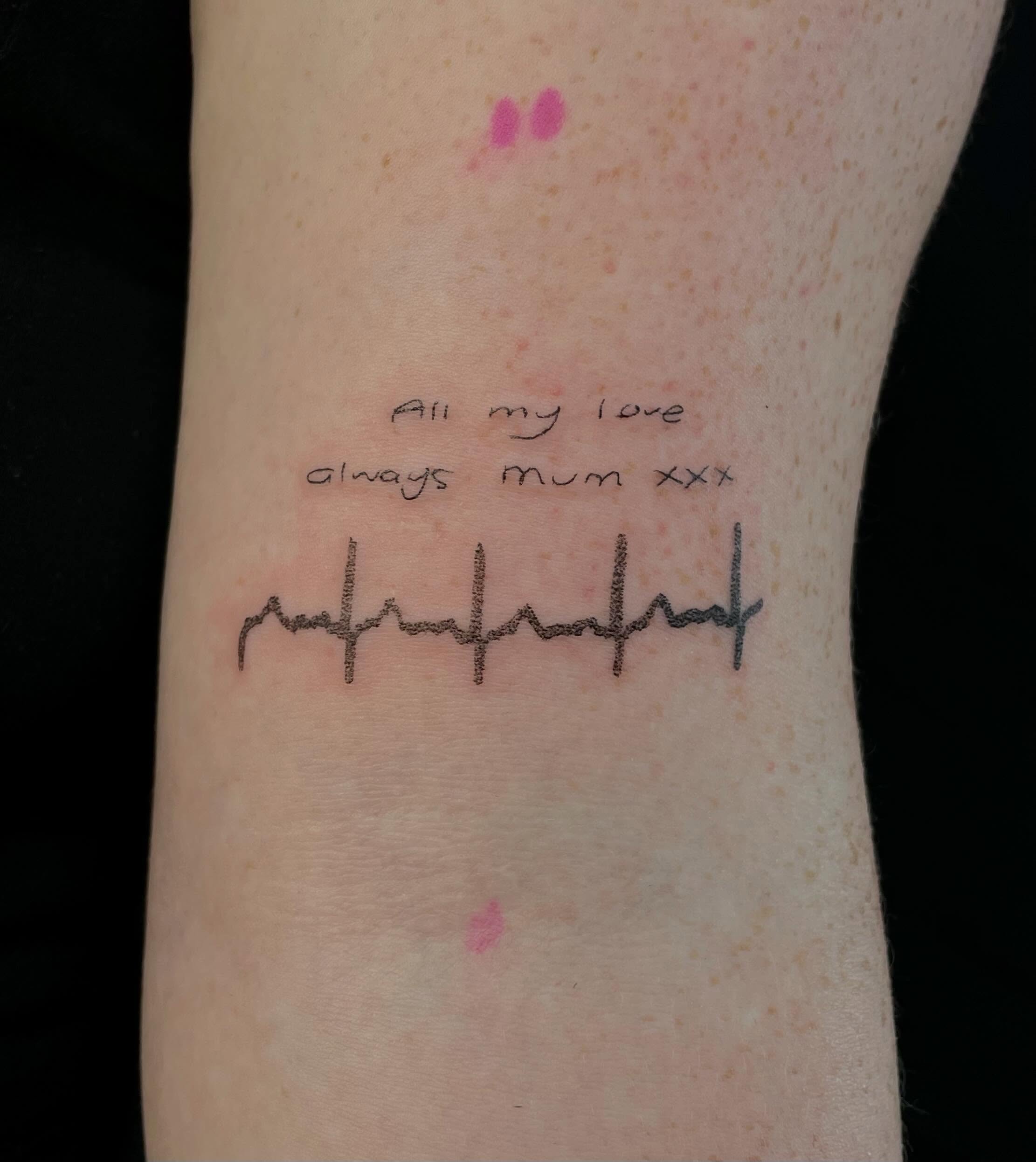 Handwritten Message And Heartbeat Bicep Tattoo
