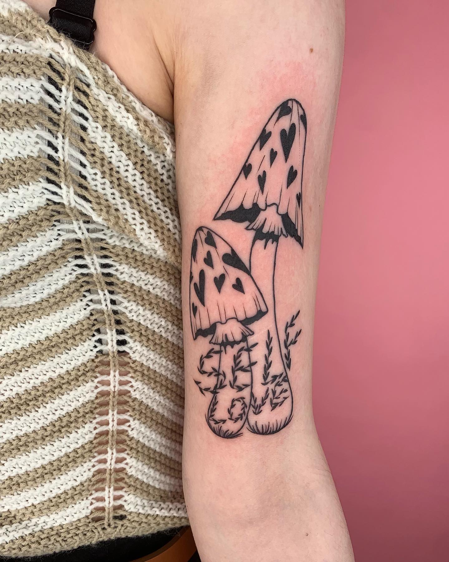 Heart Pattern Mushroom Bicep Tattoo