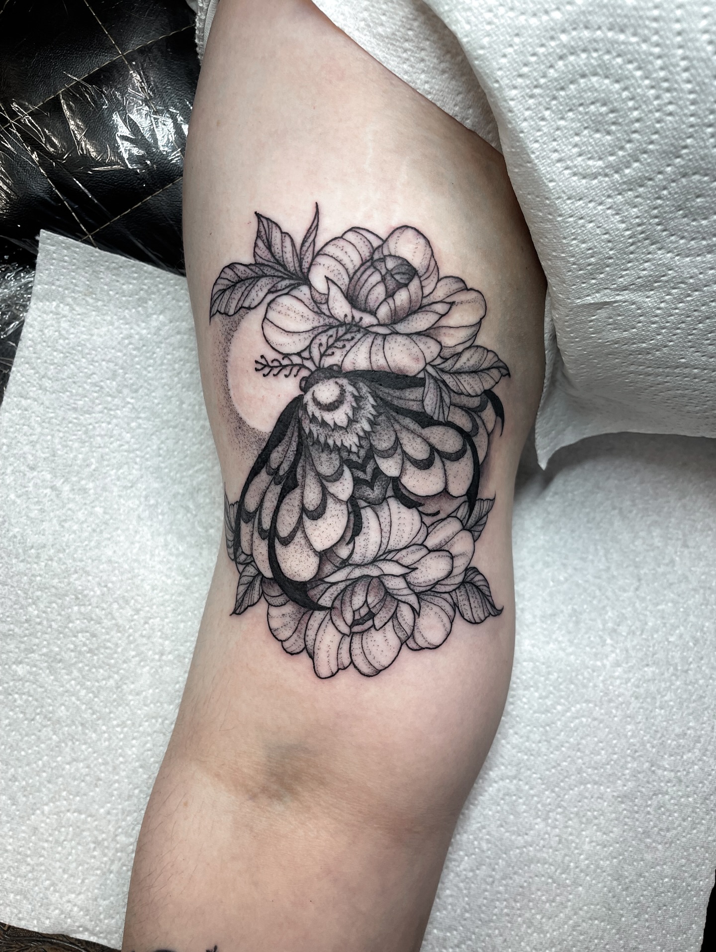 Owl And Peony Bicep Tattoo