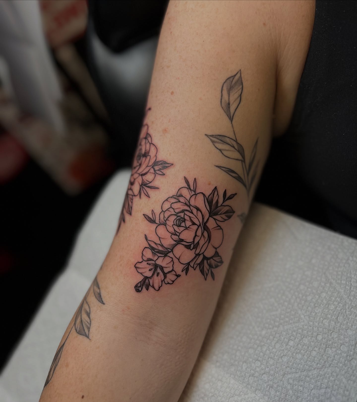 Peony Flower Cluster Bicep Tattoo