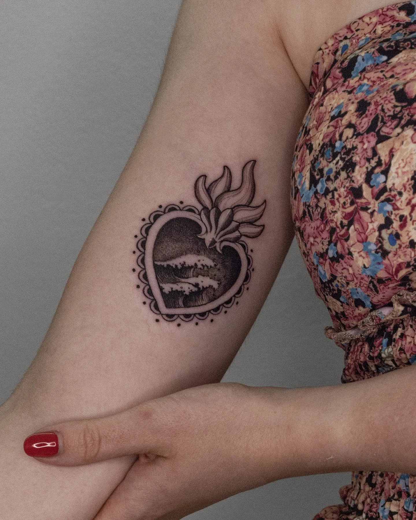Sacred Heart Landscape Bicep Tattoo
